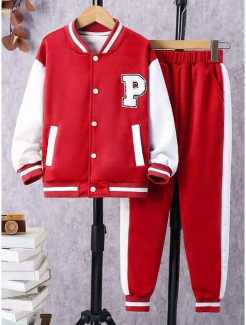 SHEIN Kids Academe Boys Letter Graphic Bomber Jacket & Pants