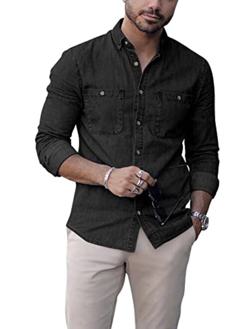 Pretifeel Mens Button Down Denim Shirts Long Sleeve Collared Casual Work Regular Fit Jean Shirt Tops