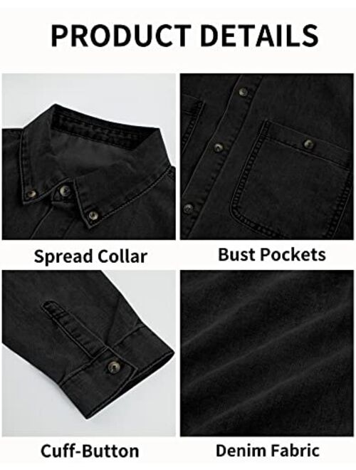 Pretifeel Mens Button Down Denim Shirts Long Sleeve Collared Casual Work Regular Fit Jean Shirt Tops