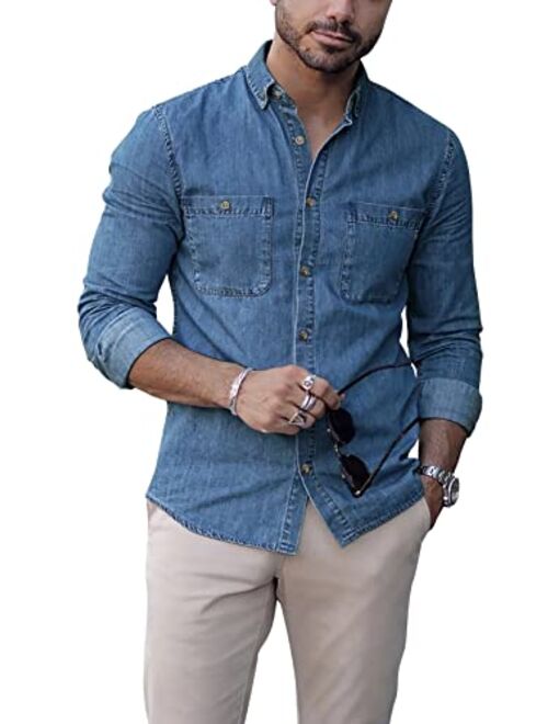 Pretifeel Mens Button Down Denim Shirts Long Sleeve Collared Casual Work Regular Fit Jean Shirt Tops