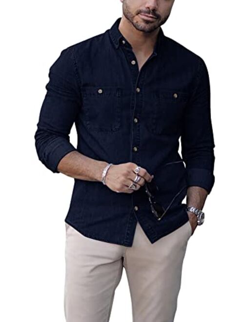 Pretifeel Mens Button Down Denim Shirts Long Sleeve Collared Casual Work Regular Fit Jean Shirt Tops