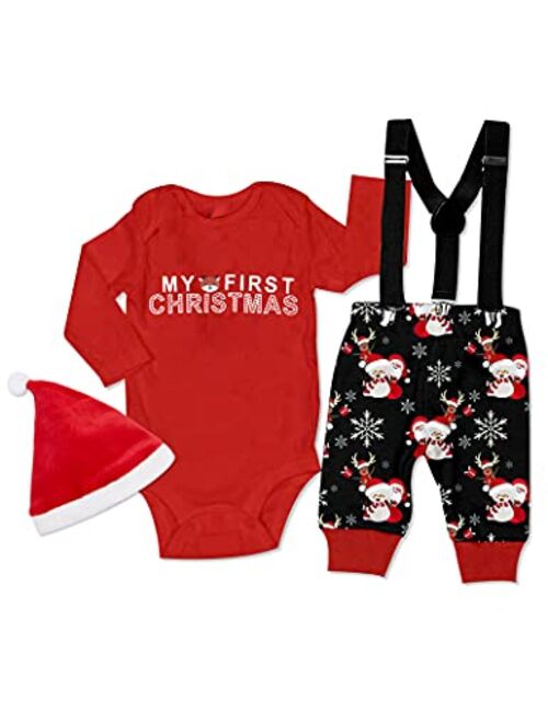 WIQI Christmas Newborn Baby Boy 3PCS Clothes Set Infant Long Sleeve Romper Reindeer Pattern Bib Pants Outfits