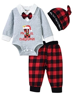 Aalizzwell Baby Boy First Christmas Outfit, Infant Gentleman Bodysuit Buffalo Plaid Pants Xmas Clothes 3 Pcs