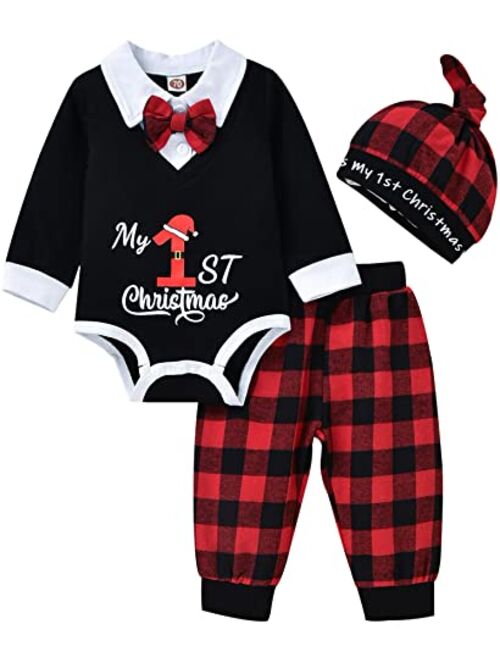 Aalizzwell Baby Boy First Christmas Outfit, Infant Gentleman Bodysuit Buffalo Plaid Pants Xmas Clothes 3 Pcs