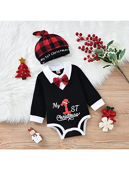 Aalizzwell Baby Boy First Christmas Outfit, Infant Gentleman Bodysuit Buffalo Plaid Pants Xmas Clothes 3 Pcs