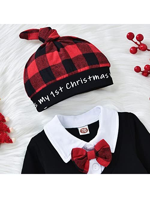 Aalizzwell Baby Boy First Christmas Outfit, Infant Gentleman Bodysuit Buffalo Plaid Pants Xmas Clothes 3 Pcs