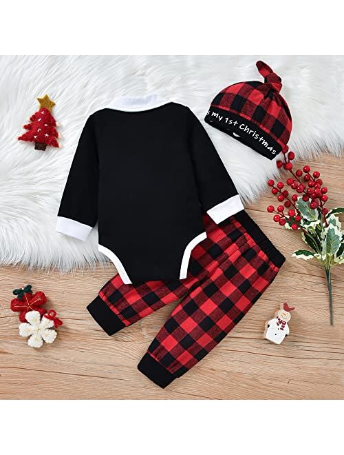 Aalizzwell Baby Boy First Christmas Outfit, Infant Gentleman Bodysuit Buffalo Plaid Pants Xmas Clothes 3 Pcs