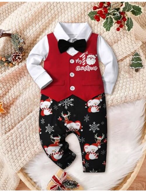 AGAPENG Baby Boy Christmas Outfit My First Christmas Gentleman Onesie Long Sleeve Romper Jumpsuit Vest with Bow Tie