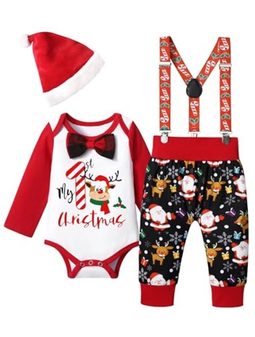 AGAPENG Baby Boy Christmas Outfit My First Christmas Gentleman Romper with Bow Tie Christmas Suspender Pants Santa Hat