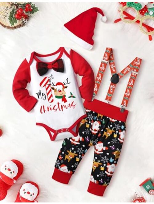 AGAPENG Baby Boy Christmas Outfit My First Christmas Gentleman Romper with Bow Tie Christmas Suspender Pants Santa Hat