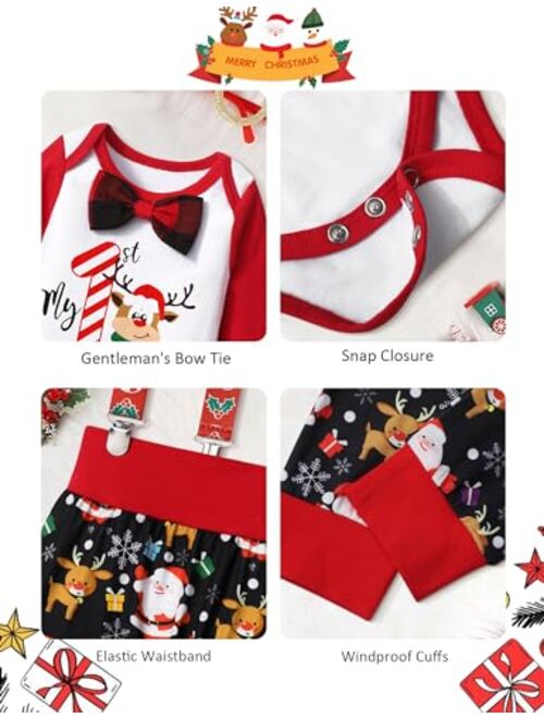 AGAPENG Baby Boy Christmas Outfit My First Christmas Gentleman Romper with Bow Tie Christmas Suspender Pants Santa Hat