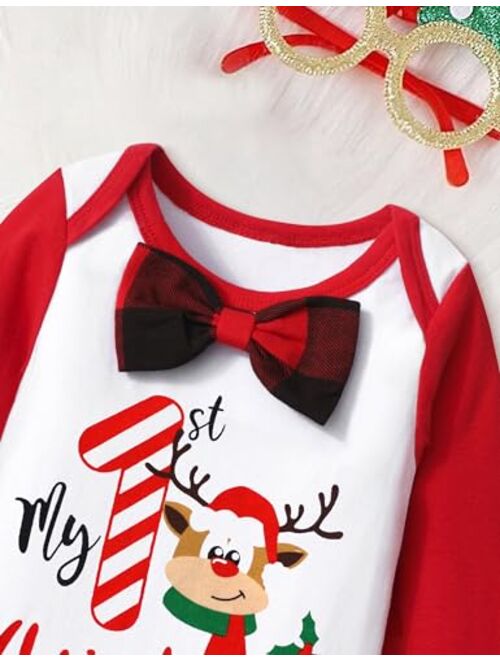 AGAPENG Baby Boy Christmas Outfit My First Christmas Gentleman Romper with Bow Tie Christmas Suspender Pants Santa Hat