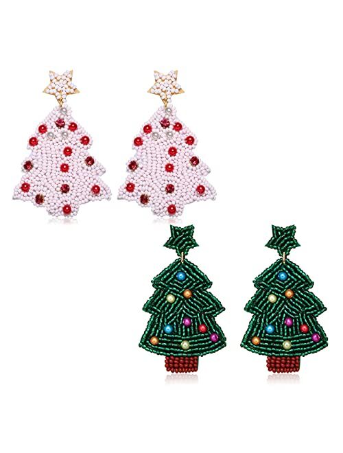 Faerliiry Christmas Earrings for Women Beaded Christmas Tree Drop Dangle Earrings Handmade Statement Xmas Christmas Holiday Costume Party Decoration Gifts