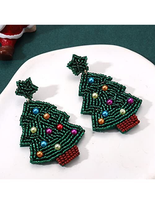 Faerliiry Christmas Earrings for Women Beaded Christmas Tree Drop Dangle Earrings Handmade Statement Xmas Christmas Holiday Costume Party Decoration Gifts