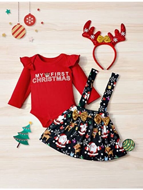 Migu Baby Girl Christmas Outfit My First Christmas Romper Top+Santa Claus Print Tutu Skirt+Antler Headband 3pcs Christmas Gifts