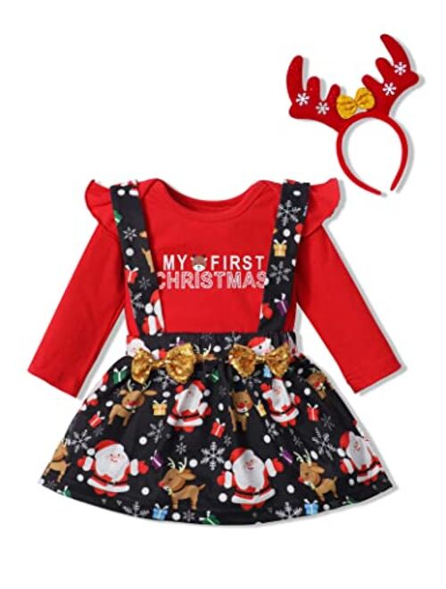 Migu Baby Girl Christmas Outfit My First Christmas Romper Top+Santa Claus Print Tutu Skirt+Antler Headband 3pcs Christmas Gifts