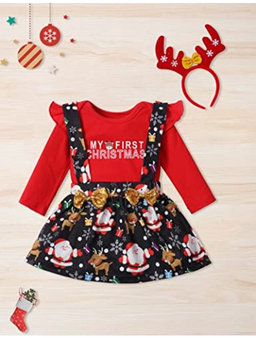 Migu Baby Girl Christmas Outfit My First Christmas Romper Top+Santa Claus Print Tutu Skirt+Antler Headband 3pcs Christmas Gifts