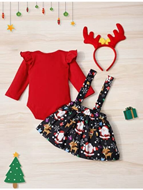 Migu Baby Girl Christmas Outfit My First Christmas Romper Top+Santa Claus Print Tutu Skirt+Antler Headband 3pcs Christmas Gifts