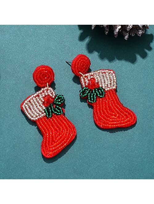 Xocartige Christmas Earrings for Women Beaded Holiday Reindeer Bulb Boot Earrings Handmade Christmas Tree Drop Dangle Earrings Festive Jewelry Gifts