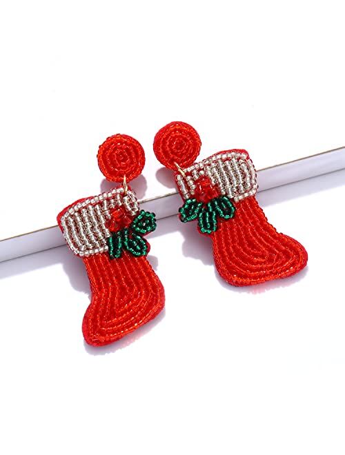 Xocartige Christmas Earrings for Women Beaded Holiday Reindeer Bulb Boot Earrings Handmade Christmas Tree Drop Dangle Earrings Festive Jewelry Gifts