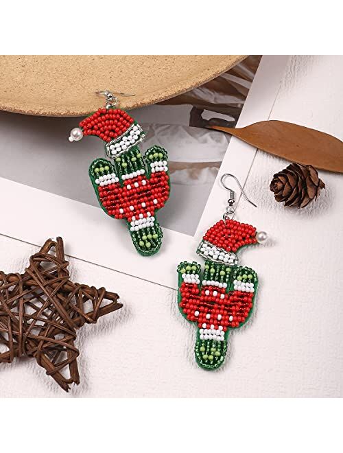 LITRENDY Beaded Christmas Earrings for Women Girls Handmade Holiday Reindeer,Boot,Tree,Sled,Bell,Hat Earrings Christmas Drop Dangle Earrings Festive Jewelry Gifts