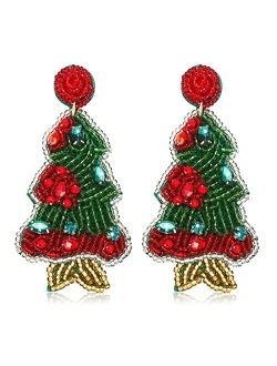 Faerliiry Beaded Christmas Earrings for Women Christmas Tree Beaded Earrings Bohemia Handmade Colorful Seed Bead Drop Earrings