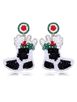 Faerliiry Beaded Christmas Earrings for Women Christmas Tree Beaded Earrings Bohemia Handmade Colorful Seed Bead Drop Earrings