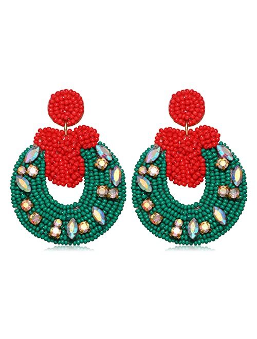 Faerliiry Beaded Christmas Earrings for Women Christmas Tree Beaded Earrings Bohemia Handmade Colorful Seed Bead Drop Earrings