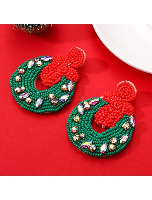 Faerliiry Beaded Christmas Earrings for Women Christmas Tree Beaded Earrings Bohemia Handmade Colorful Seed Bead Drop Earrings