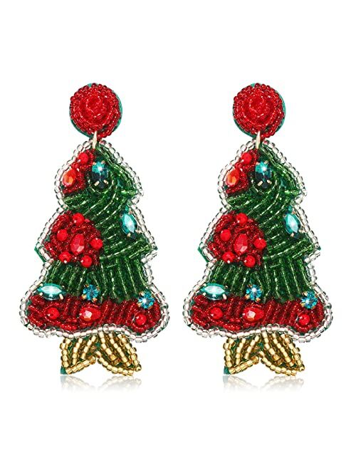 Faerliiry Beaded Christmas Earrings for Women Christmas Tree Beaded Earrings Bohemia Handmade Colorful Seed Bead Drop Earrings