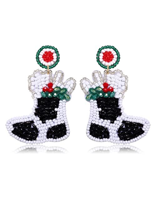 Faerliiry Beaded Christmas Earrings for Women Christmas Tree Beaded Earrings Bohemia Handmade Colorful Seed Bead Drop Earrings