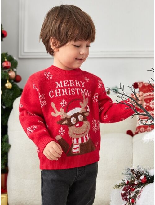 SHEIN Toddler Boys 1pc Christmas Slogan & Elk Pattern Drop Shoulder Sweater