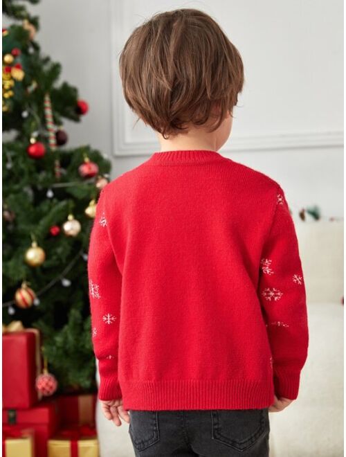 SHEIN Toddler Boys 1pc Christmas Slogan & Elk Pattern Drop Shoulder Sweater