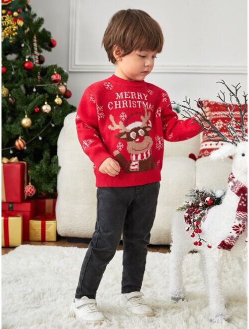 SHEIN Toddler Boys 1pc Christmas Slogan & Elk Pattern Drop Shoulder Sweater