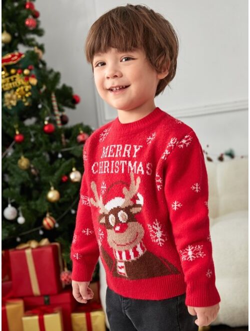 SHEIN Toddler Boys 1pc Christmas Slogan & Elk Pattern Drop Shoulder Sweater