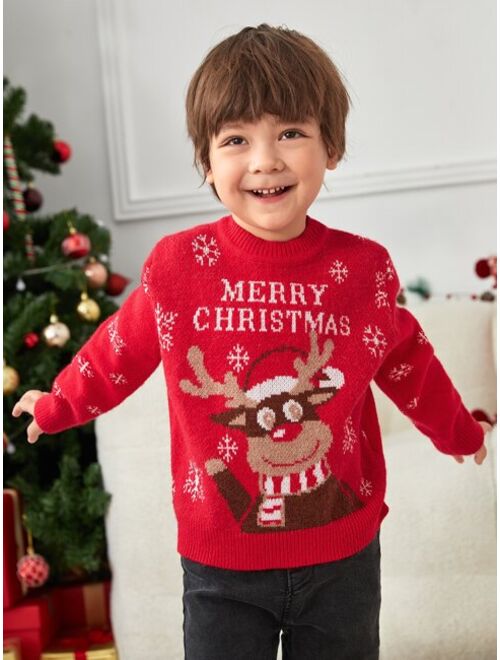 SHEIN Toddler Boys 1pc Christmas Slogan & Elk Pattern Drop Shoulder Sweater