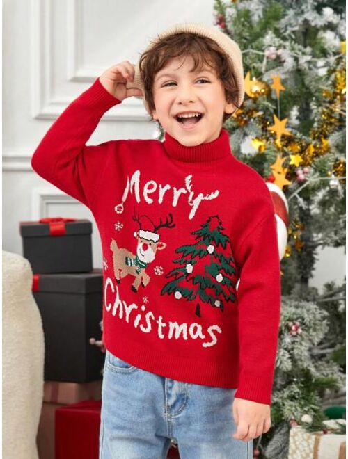 SHEIN Young Boy 1pc Christmas Tree & Slogan Pattern Turtle Neck Drop Shoulder Sweater