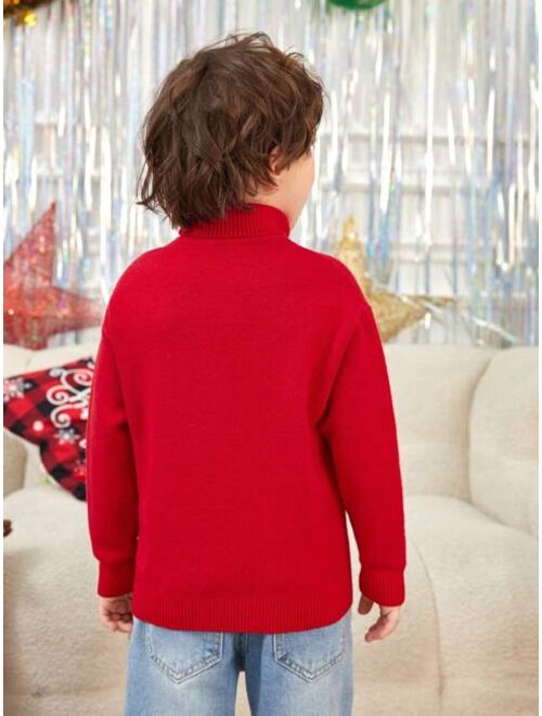 SHEIN Young Boy 1pc Christmas Tree & Slogan Pattern Turtle Neck Drop Shoulder Sweater