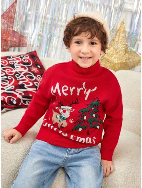 SHEIN Young Boy 1pc Christmas Tree & Slogan Pattern Turtle Neck Drop Shoulder Sweater