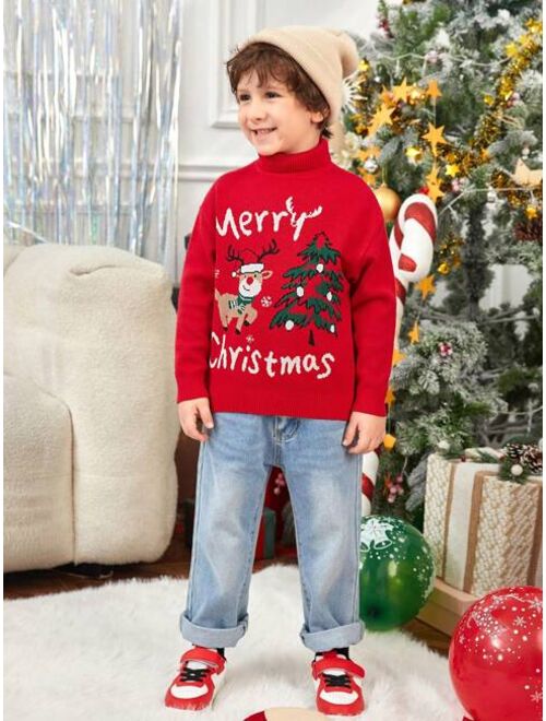 SHEIN Young Boy 1pc Christmas Tree & Slogan Pattern Turtle Neck Drop Shoulder Sweater