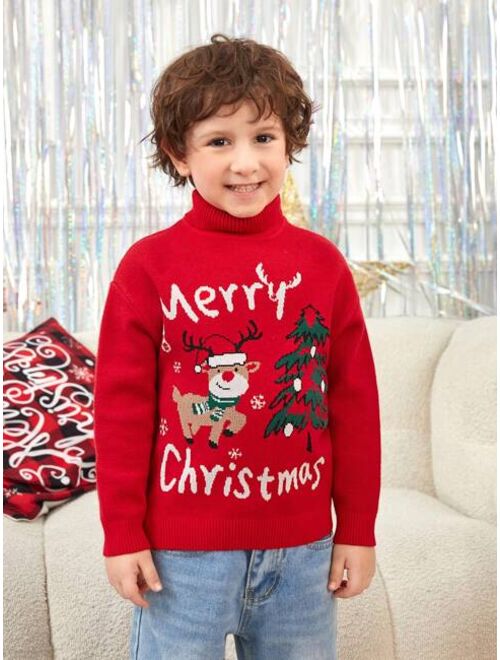 SHEIN Young Boy 1pc Christmas Tree & Slogan Pattern Turtle Neck Drop Shoulder Sweater