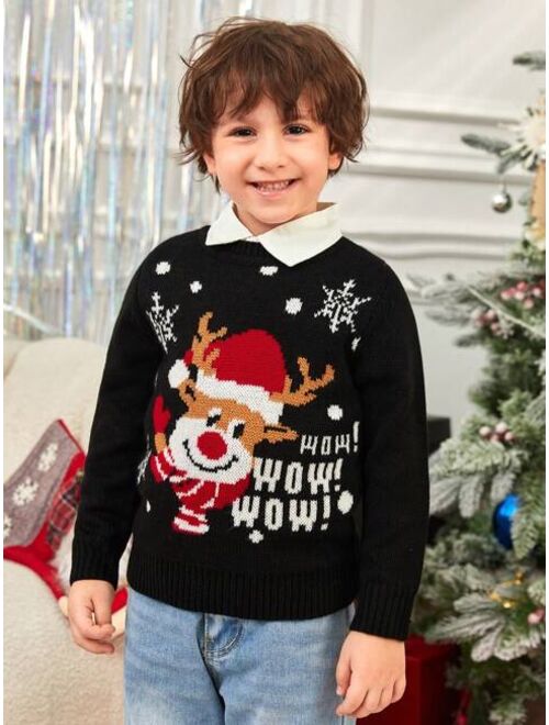 SHEIN Young Boy Christmas Elk & Slogan Pattern Drop Shoulder Sweater Without Shirt