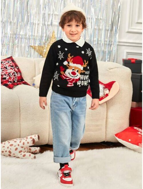 SHEIN Young Boy Christmas Elk & Slogan Pattern Drop Shoulder Sweater Without Shirt