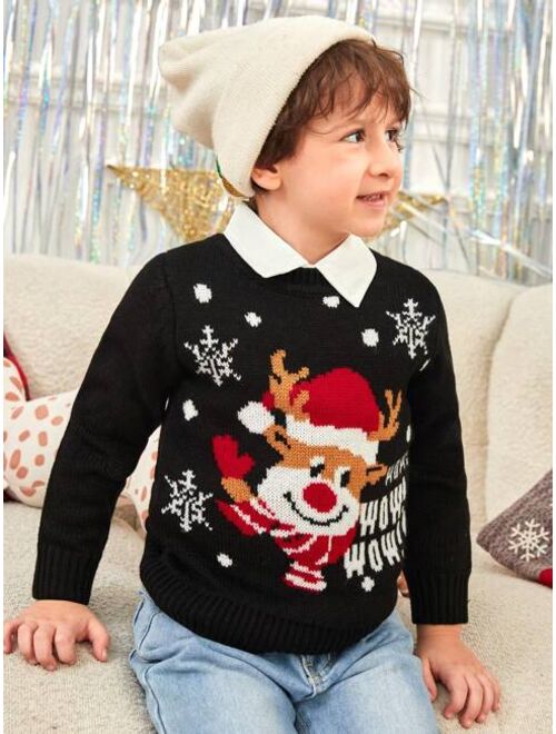 SHEIN Young Boy Christmas Elk & Slogan Pattern Drop Shoulder Sweater Without Shirt