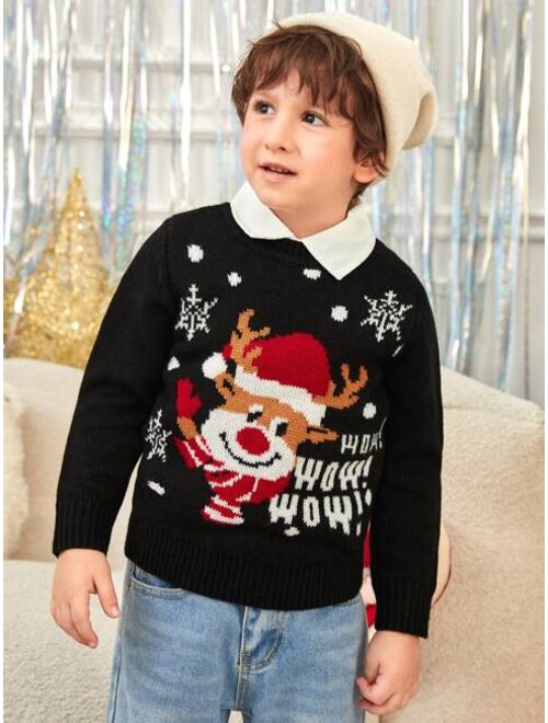 SHEIN Young Boy Christmas Elk & Slogan Pattern Drop Shoulder Sweater Without Shirt