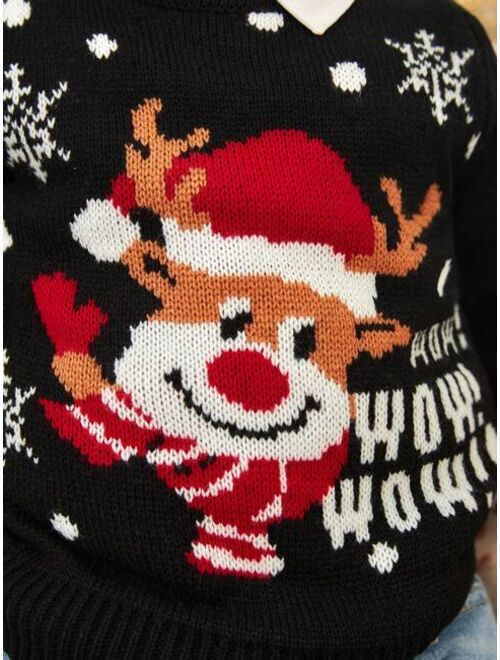 SHEIN Young Boy Christmas Elk & Slogan Pattern Drop Shoulder Sweater Without Shirt