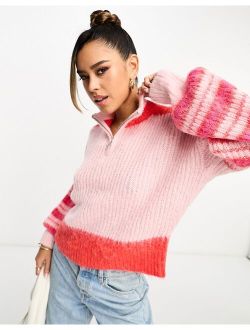 high neck chunky half zip sweater in pink stripe