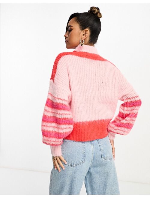 French Connection high neck chunky half zip sweater in pink stripe