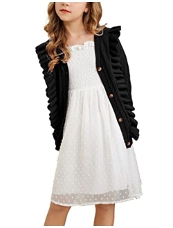 Girls Cardigan Sweaters Ruffle School Uniform Sweater V Neck Button Front Outerwear 4-13 Years