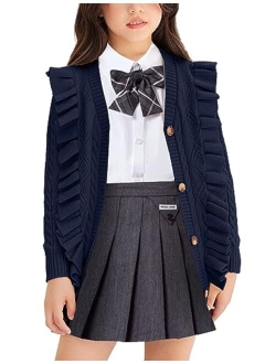 Girls Cardigan Sweaters Ruffle School Uniform Sweater V Neck Button Front Outerwear 4-13 Years